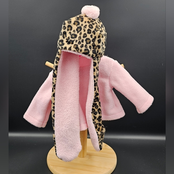 Dollie & Me Pink Button Up Peacoat & Leopard Hat w/ Scarf Mittens for 18" Dolls - Picture 2 of 6